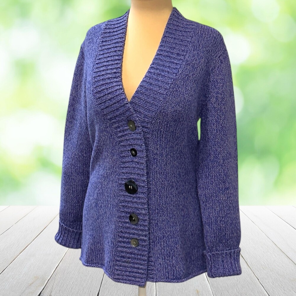 J JILL Chunky Knit Cardigan Sweater Artsy Buttons Marled Purple V Neck Size S